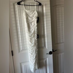 Lulus Toast to Romance White Ruched Pearl Bodycon Midi Dress, XS, New